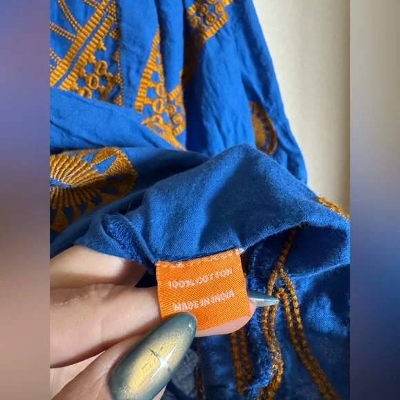 Oliphant Mandarin Balloon Sleeve Top Sz Medium Soleil Blue Cotton Boho Flowy - Picture 6 of 9